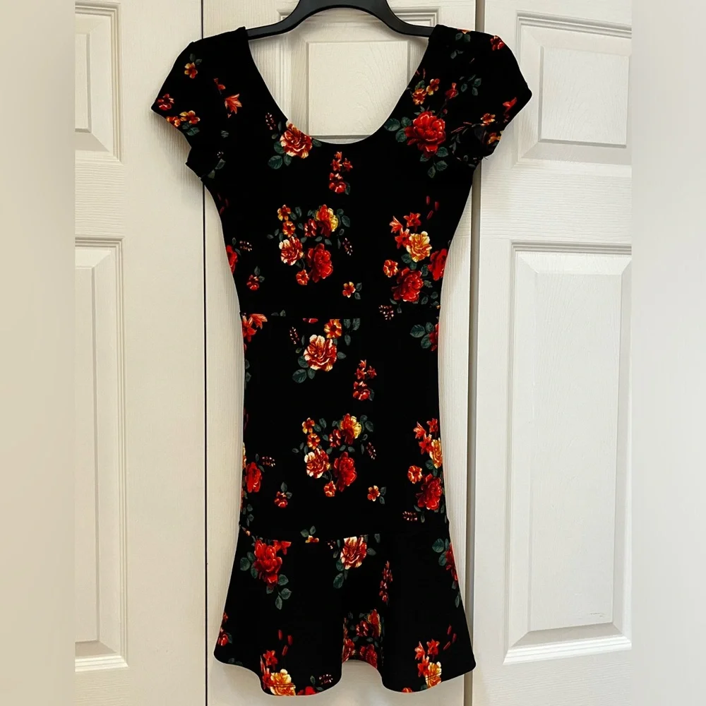 ⭐️EUC - Planet Gold Black with Roses Fit & Flare Dress - Size Juniors Small